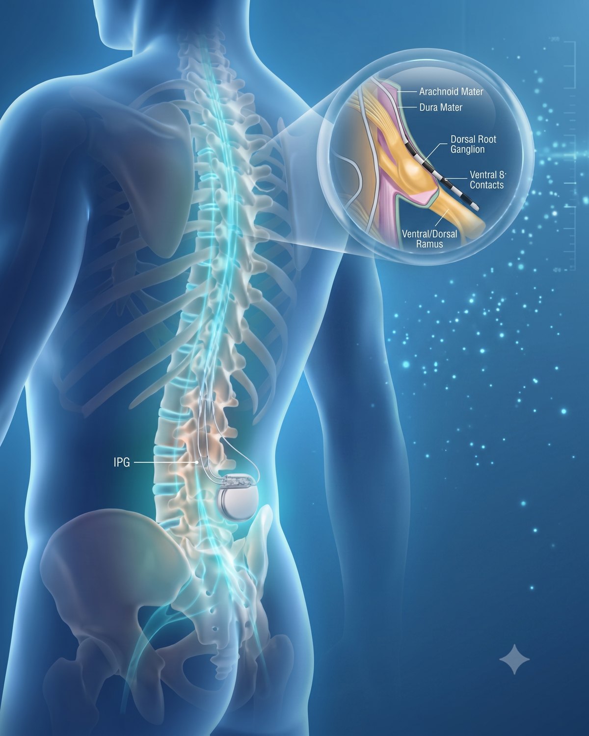 Ilustração do sistema de estimulação do gânglio da raiz dorsal: eletrodos posicionados nas raízes, gerador implantado na região lombar e detalhe ampliado do gânglio